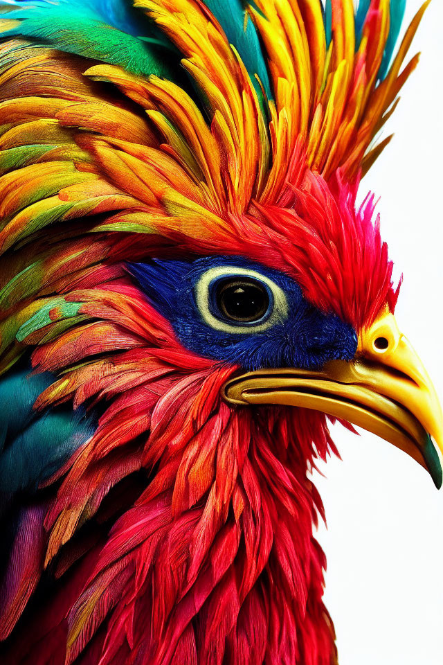 Colorful bird with yellow, red, and blue feathers and sharp beak.