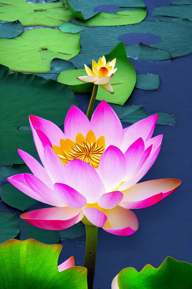 Pink Lotus Flower Blooming Above Lily Pads on Tranquil Water