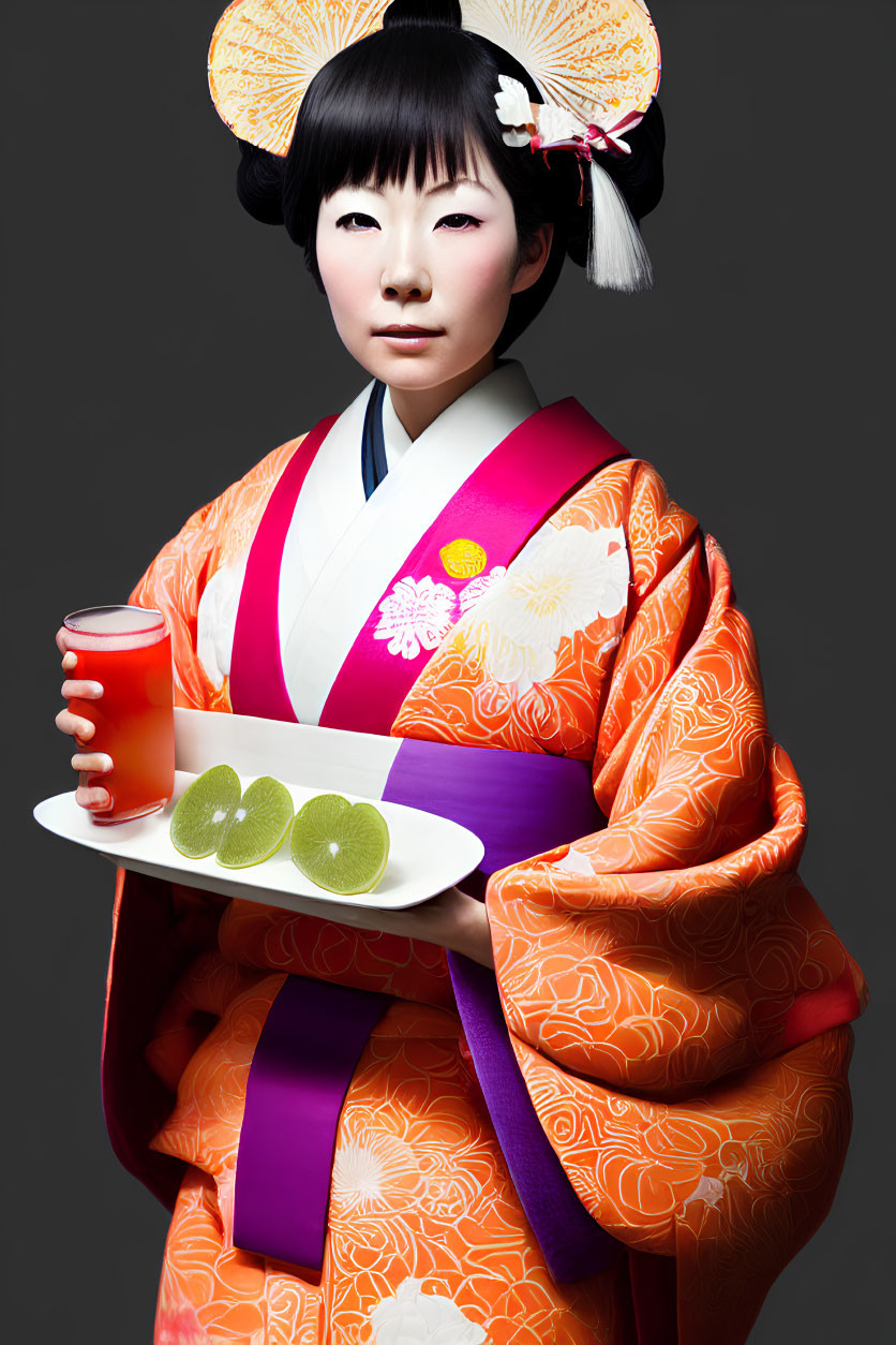 Traditional orange kimono with white floral patterns and green tea cup on tray