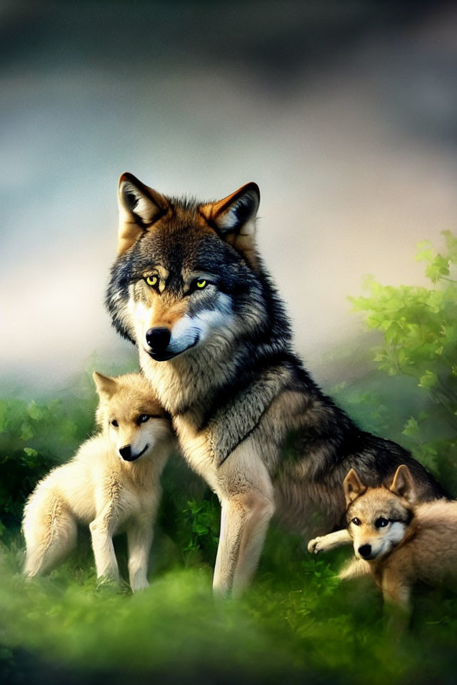 Adult wolf and two pups in lush green foliage: serene family scene
