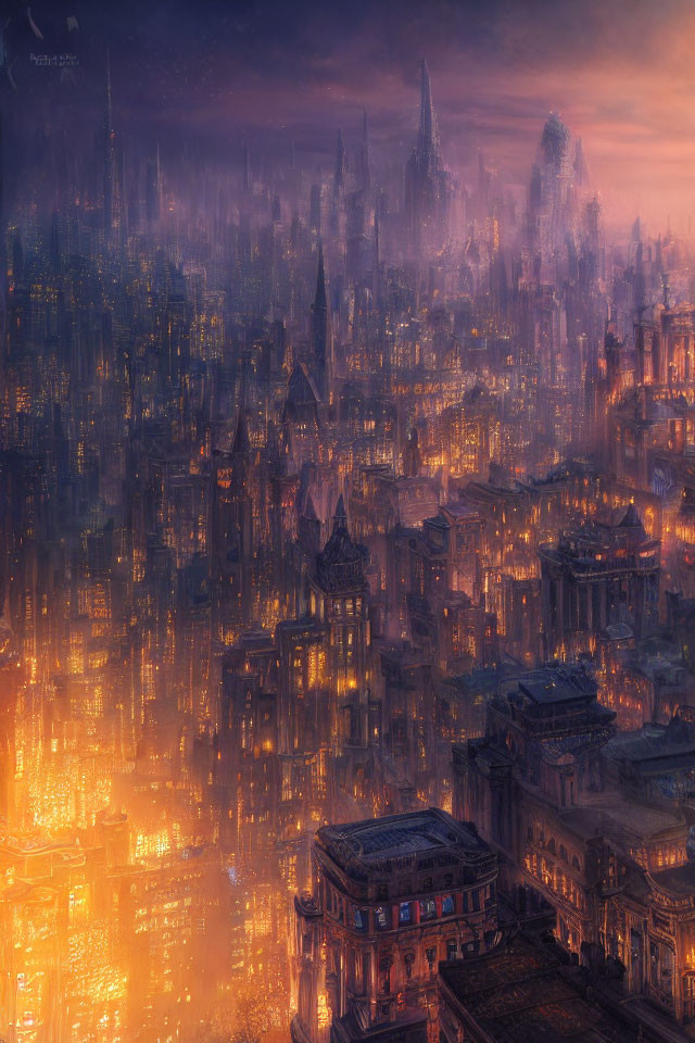 Majestic cityscape at dusk with glowing spires and mist layers