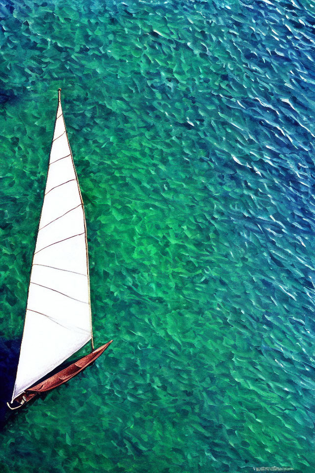 White sailboat sailing in vibrant blue-green ocean waters