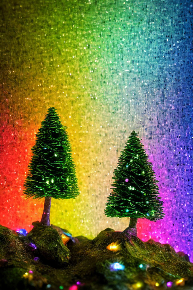 Miniature Trees with Twinkling Lights on Rainbow-Colored Background