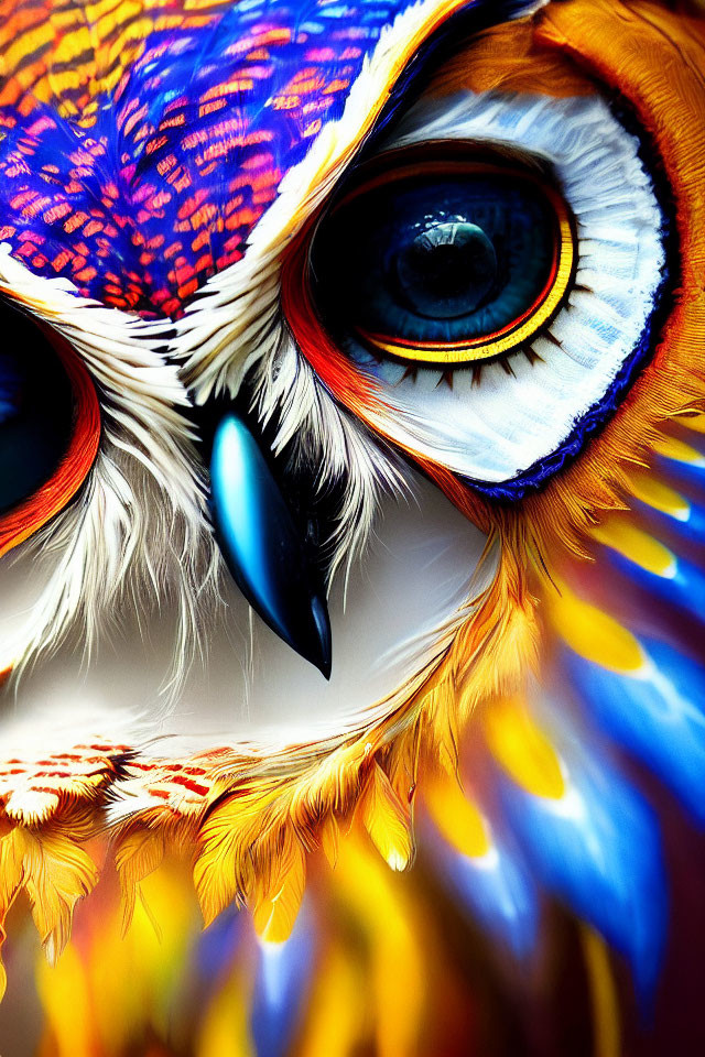 Vibrant blue, orange, and yellow bird feathers with sharp eye