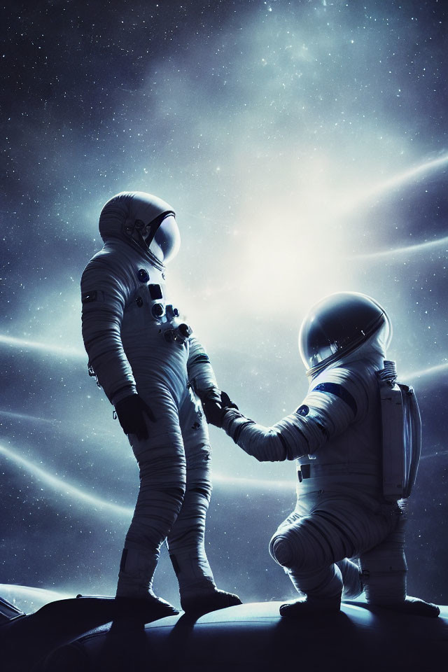Astronauts in space suits holding hands under starlit sky