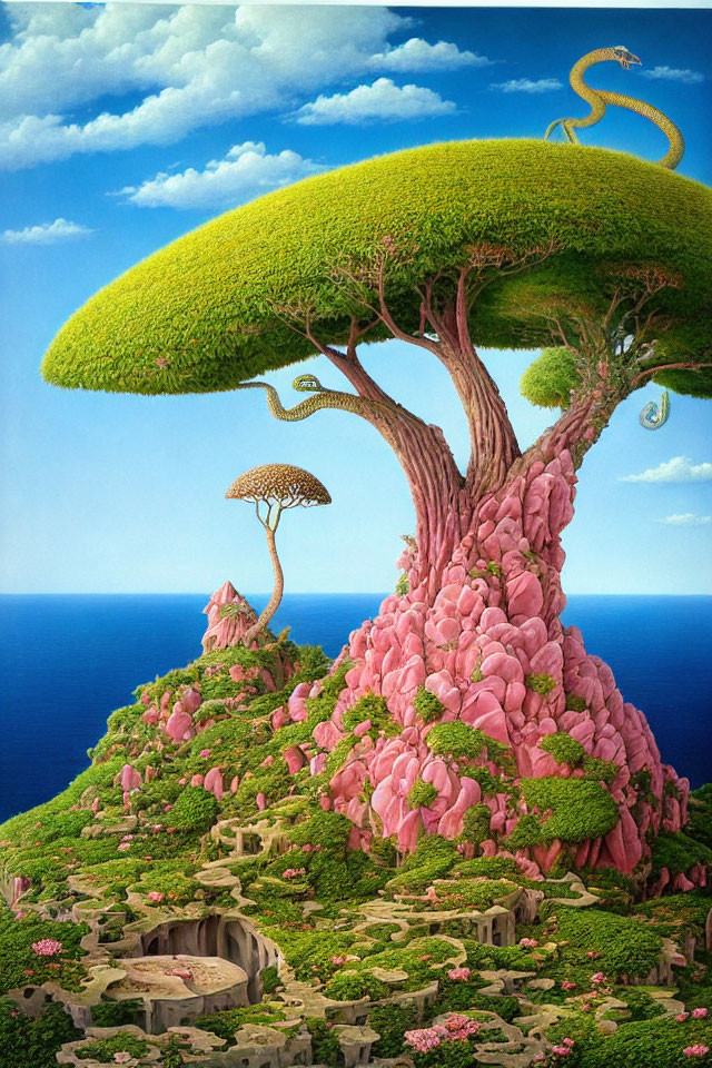 Fantastical landscape with giant tree-like structures, pink foliage, and blue sea