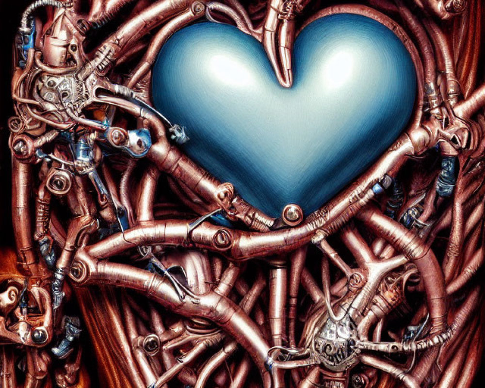 Detailed mechanical heart surrounded by metallic veins and gears on crimson background
