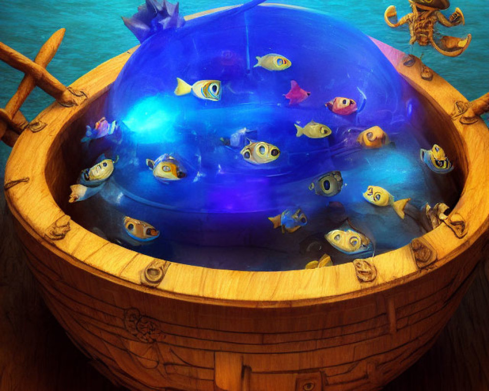 Wooden tub with animated fish bubble and pirate character on floor