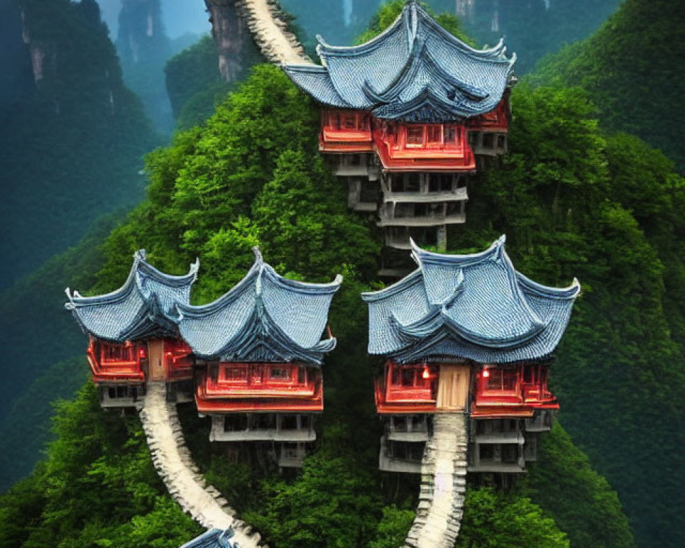 Traditional Chinese Pagoda Surrounded by Karst Mountains and Stone Staircase