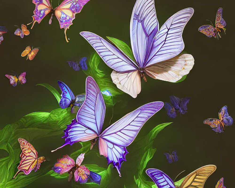 Colorful Purple and White Butterflies Among Green Leaves on Dark Background