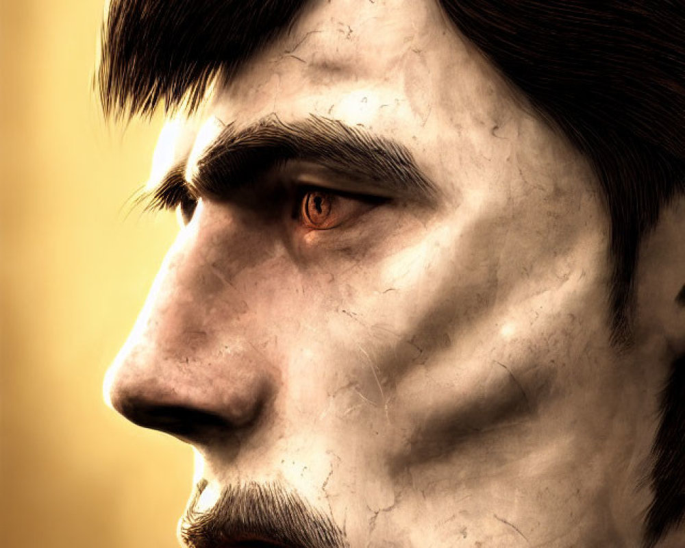 Detailed digital portrait of a man with sharp features and intense brown eyes on a golden chiaroscuro background