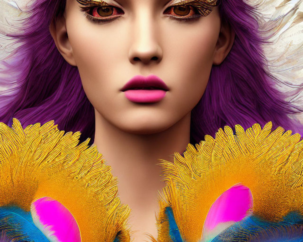 Colorful portrait of woman with vibrant purple hair and feathered eyelashes