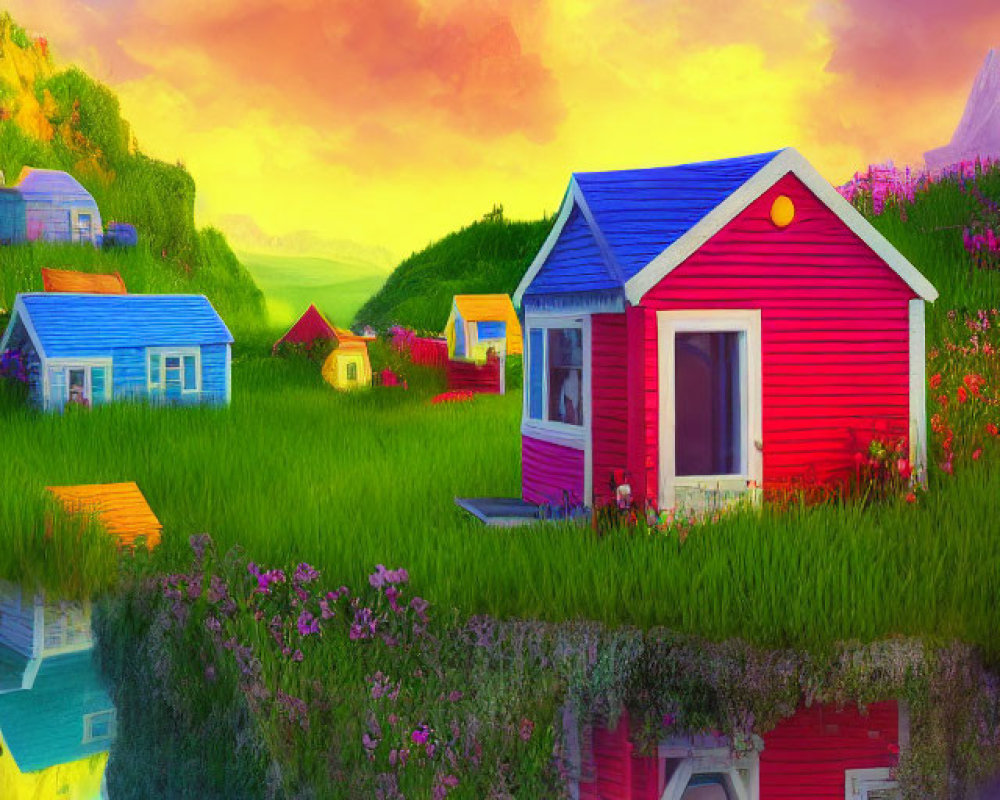 Colorful village by serene lake at sunset with mountains in background