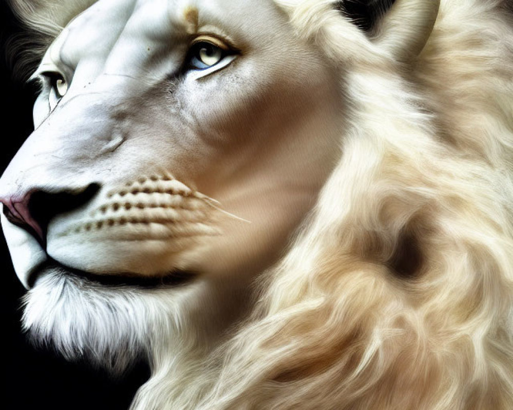 Majestic white lion with prominent mane on dark background