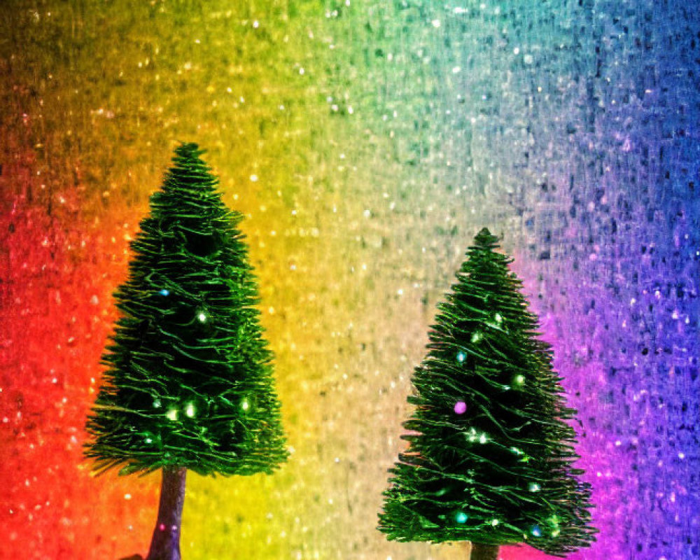Miniature Trees with Twinkling Lights on Rainbow-Colored Background