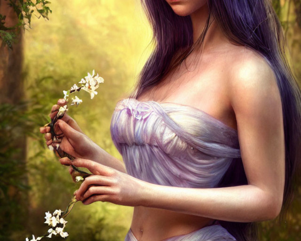 Violet-haired woman in lavender dress holds blossoms in sunlit forest