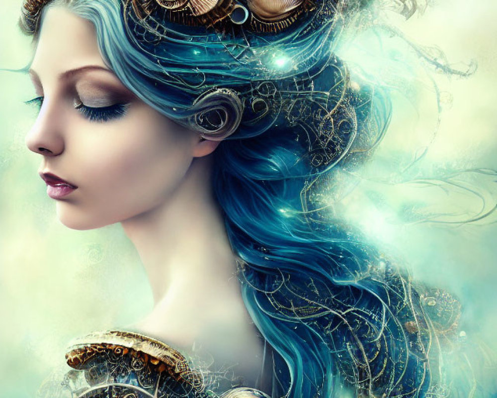 Fantasy Artwork: Woman with Blue Hair in Steampunk Style