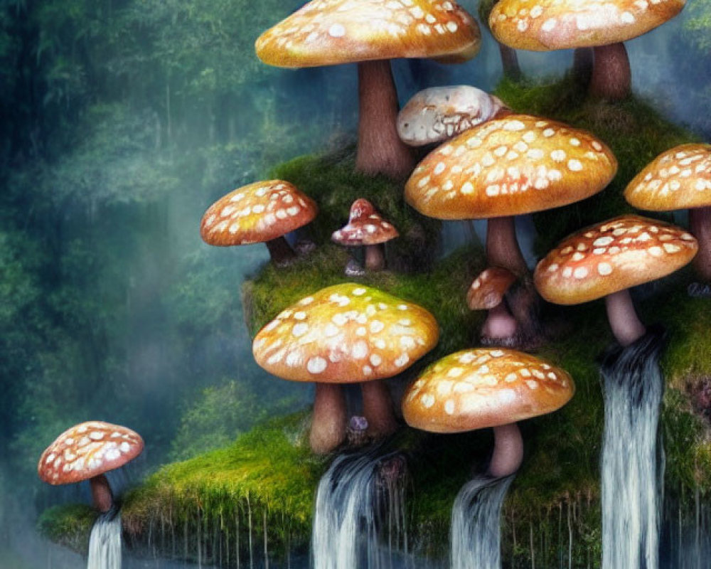 Fantasy-style mushrooms in misty forest with waterfall