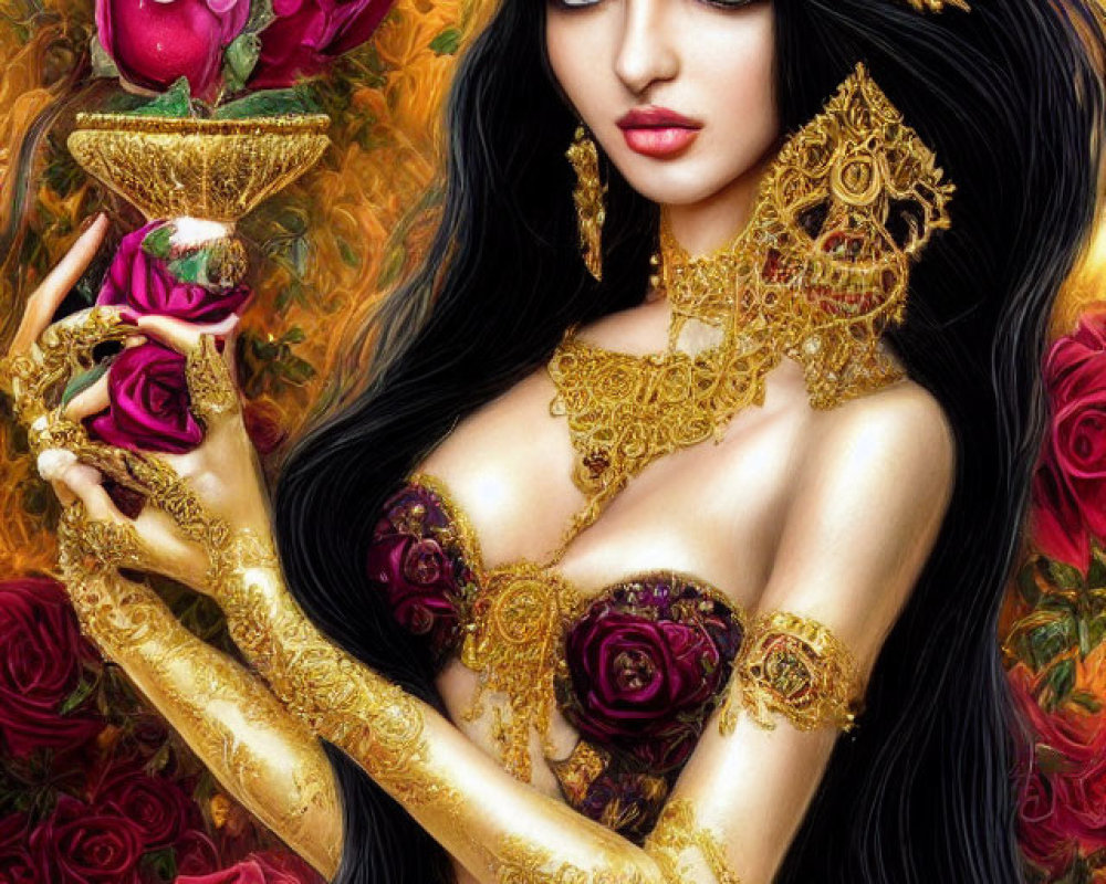 Illustration of woman with dark hair in gold jewelry holding cup with rose in front of vibrant roses
