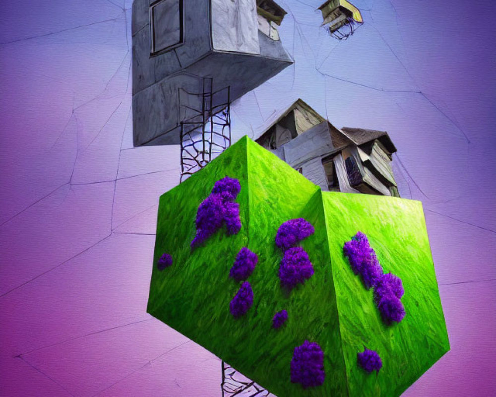 Surreal floating geometric shapes with house elements and green cube on purple background