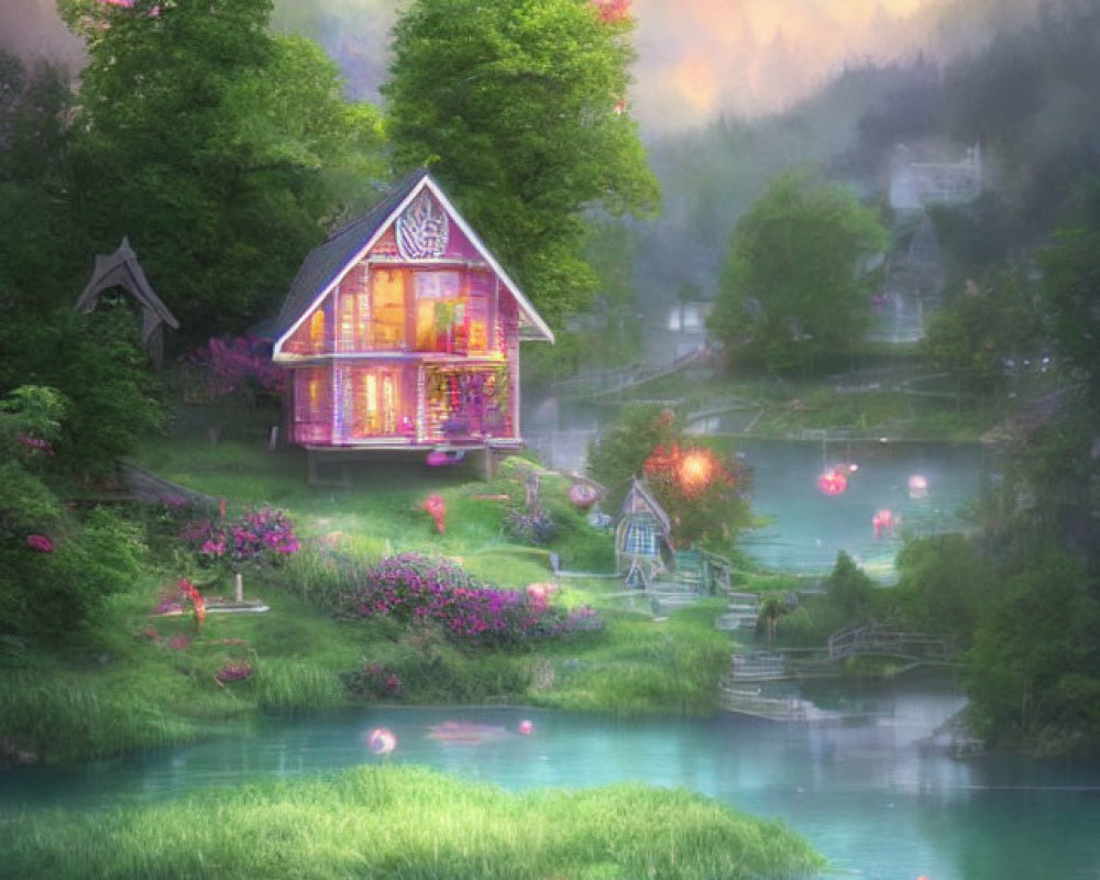 Lakeside cottage with lush greenery, vibrant flowers, floating lanterns, and mystical sky