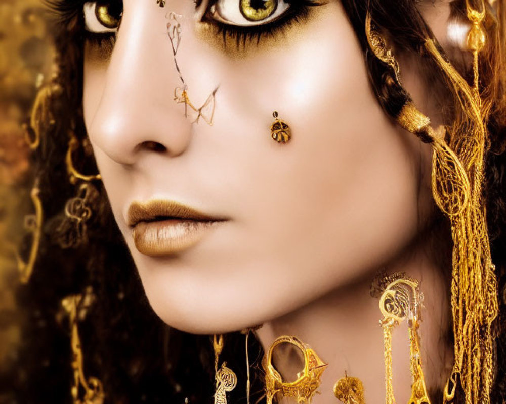 Intense gaze of woman with dramatic makeup and gold jewelry