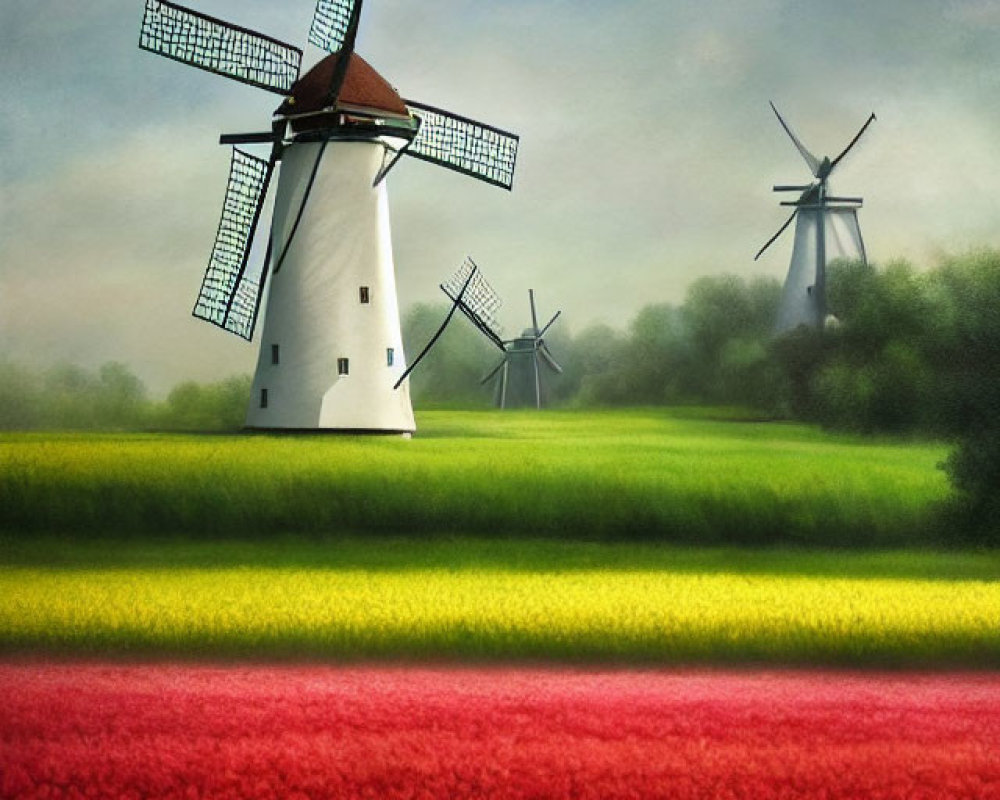Vibrant tulips and windmills in a picturesque field under a blue sky