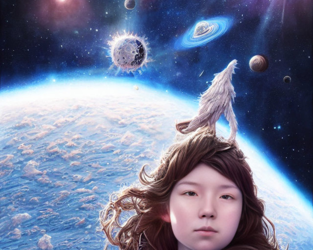 Surreal portrait of a girl with flowing hair and eagle on head in cosmic scene