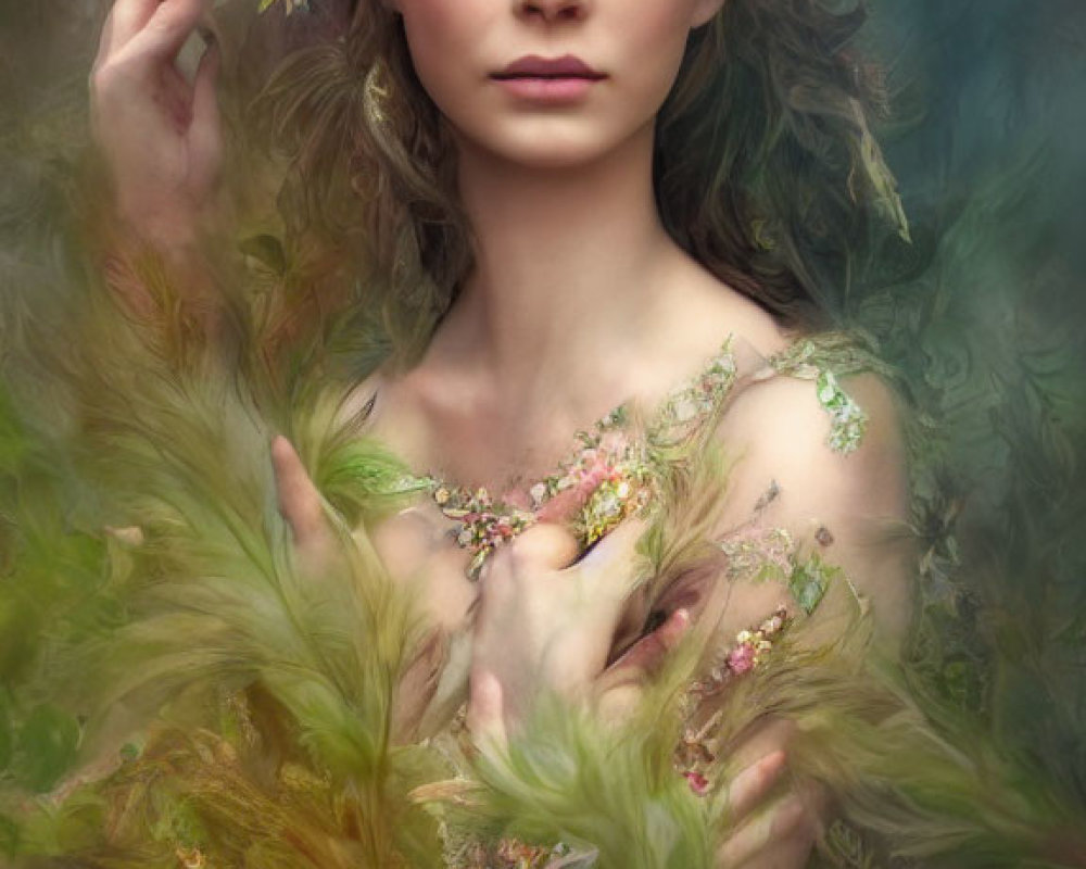 Woman portrait with floral headdress in green mist and delicate flowers.