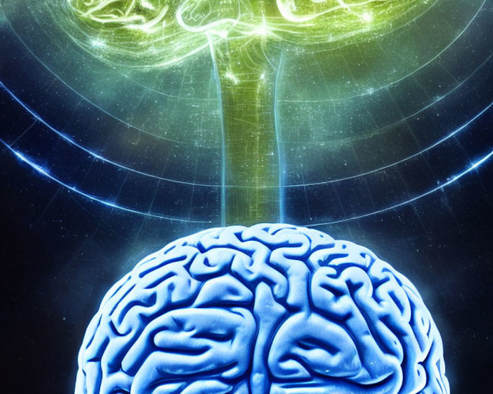 Conceptual Digital Artwork: Glowing Green Brain Connected to Blue Brain via Luminous Streams