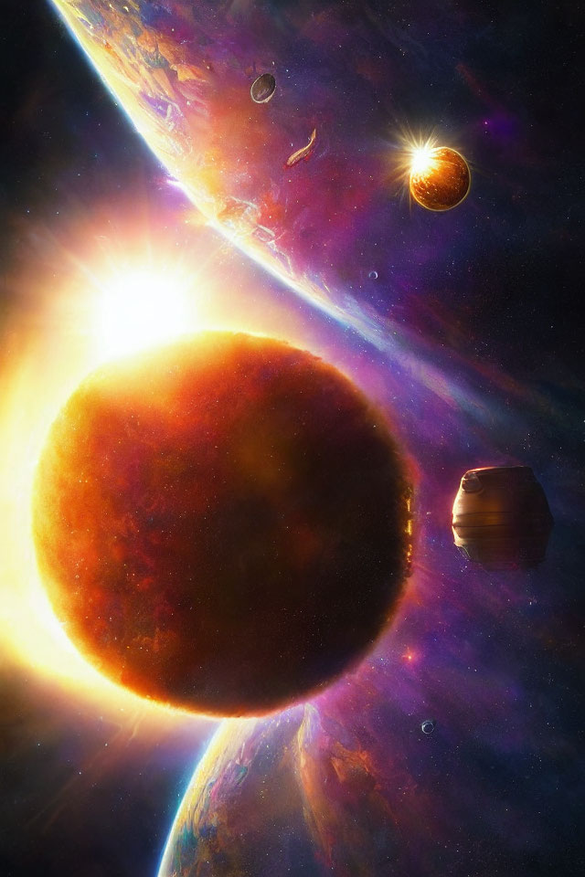 Colorful cosmic scene with glowing sun, planets, and asteroids against starry background