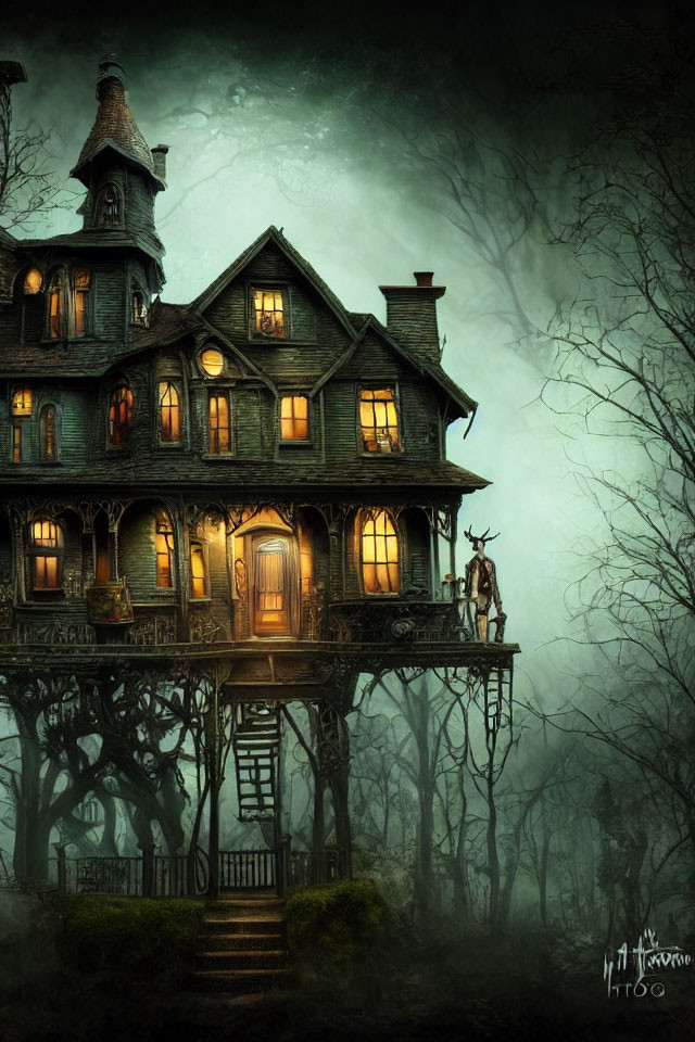 Victorian-style haunted house in foggy forest with skeletal figure