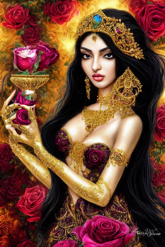 Illustration of woman with dark hair in gold jewelry holding cup with rose in front of vibrant roses