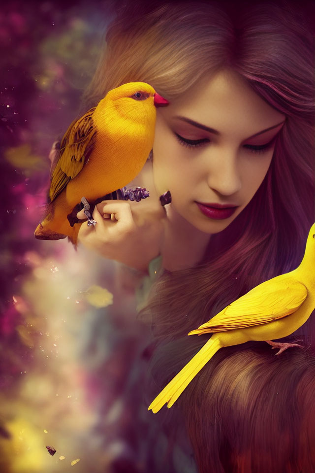 Woman with closed eyes in dreamy haze with vibrant yellow birds.