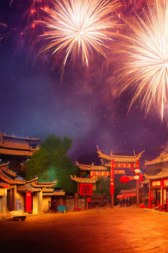 Colorful fireworks illuminate ancient Chinese street with red lanterns