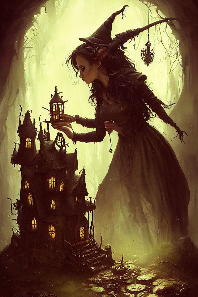 Witch with pointed hat casting spell on glowing house in mystical forest