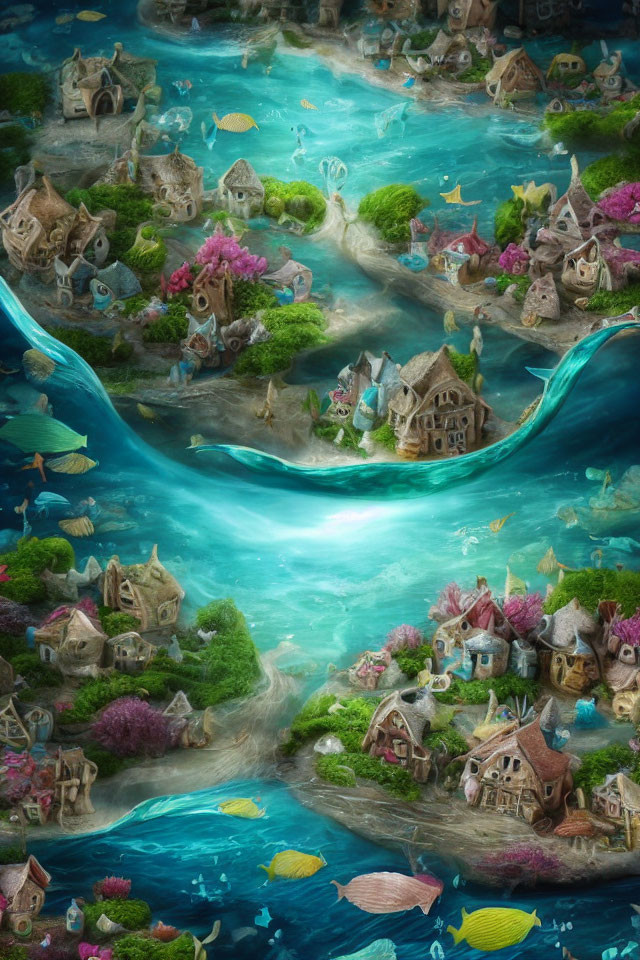 Fantasy Underwater Village with Colorful Fish and Vibrant Plant Life