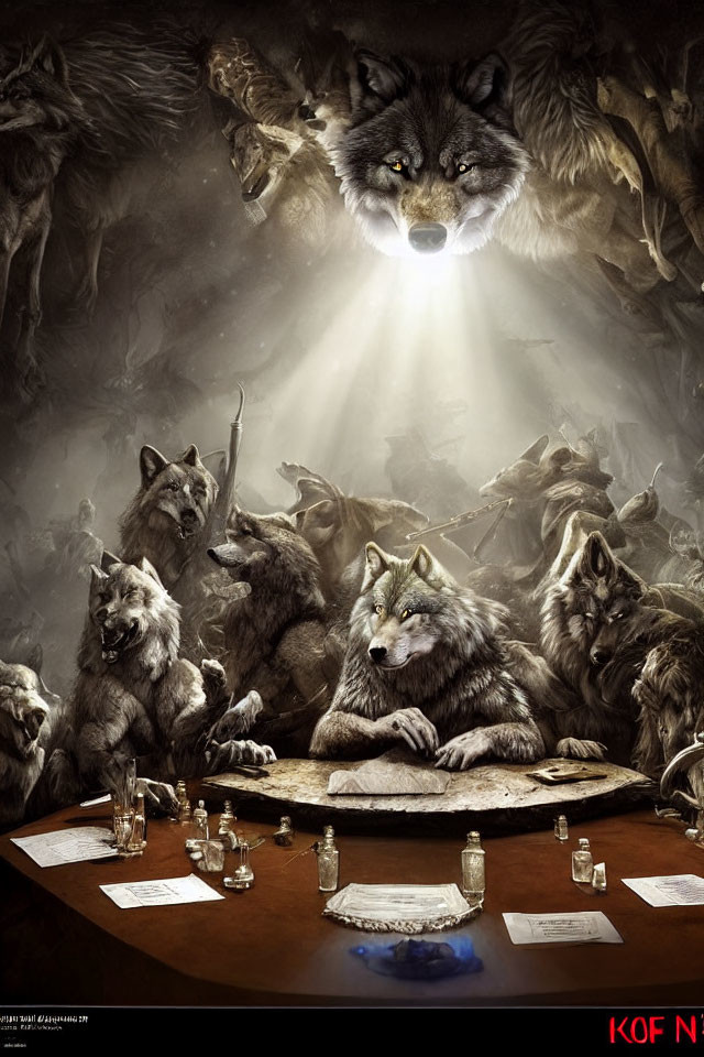 Fantasy wolf council with alpha wolf's glowing face