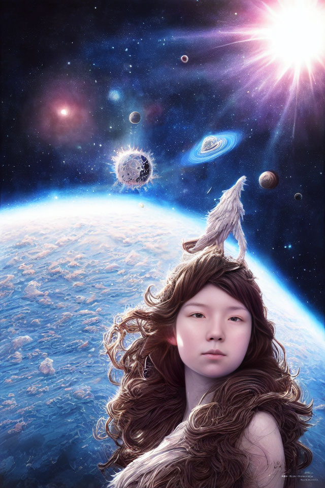 Surreal portrait of a girl with flowing hair and eagle on head in cosmic scene