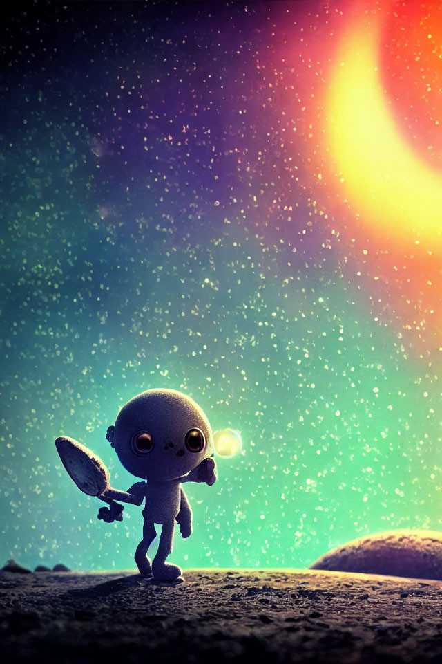 Cute alien with futuristic weapon on cosmic rock surface