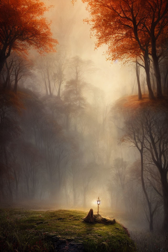 Foggy forest dusk scene with warm light and glowing lantern
