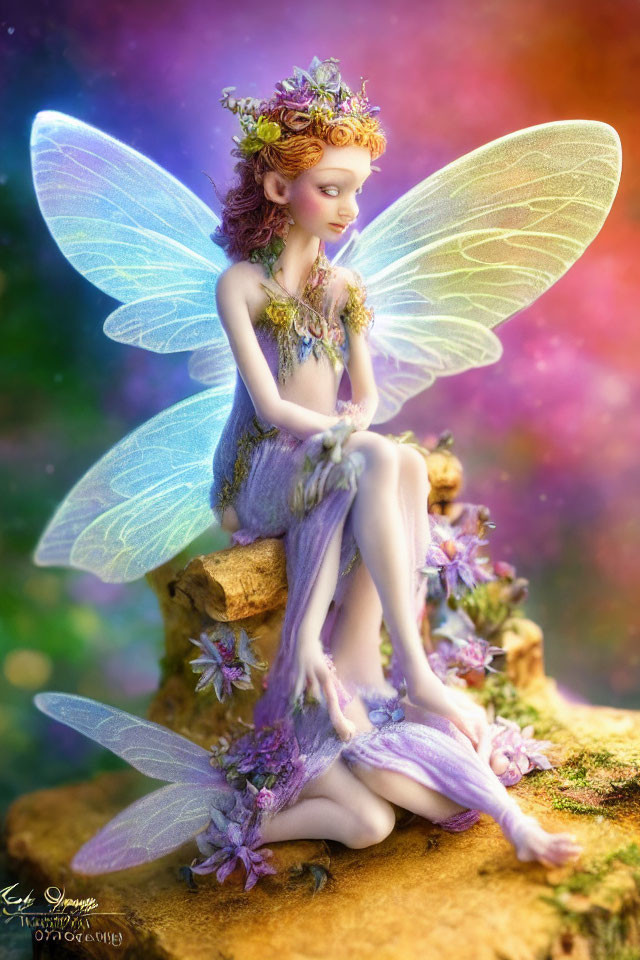 Enchanting fairy with iridescent wings in flower attire on colorful background