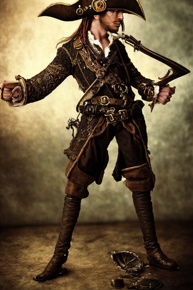 Elaborate pirate costume with sword and pistol, navigational tools in foreground
