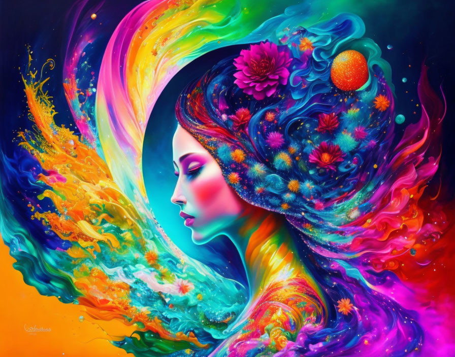 Colorful cosmic floral woman illustration with rainbow hair and stars.