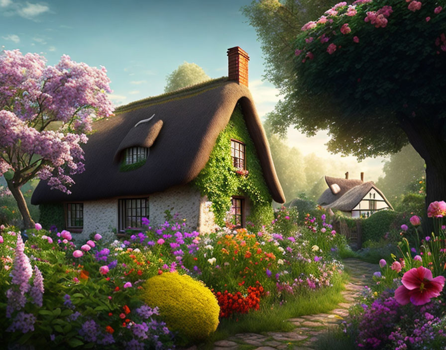 nádtetős ház virágokkal