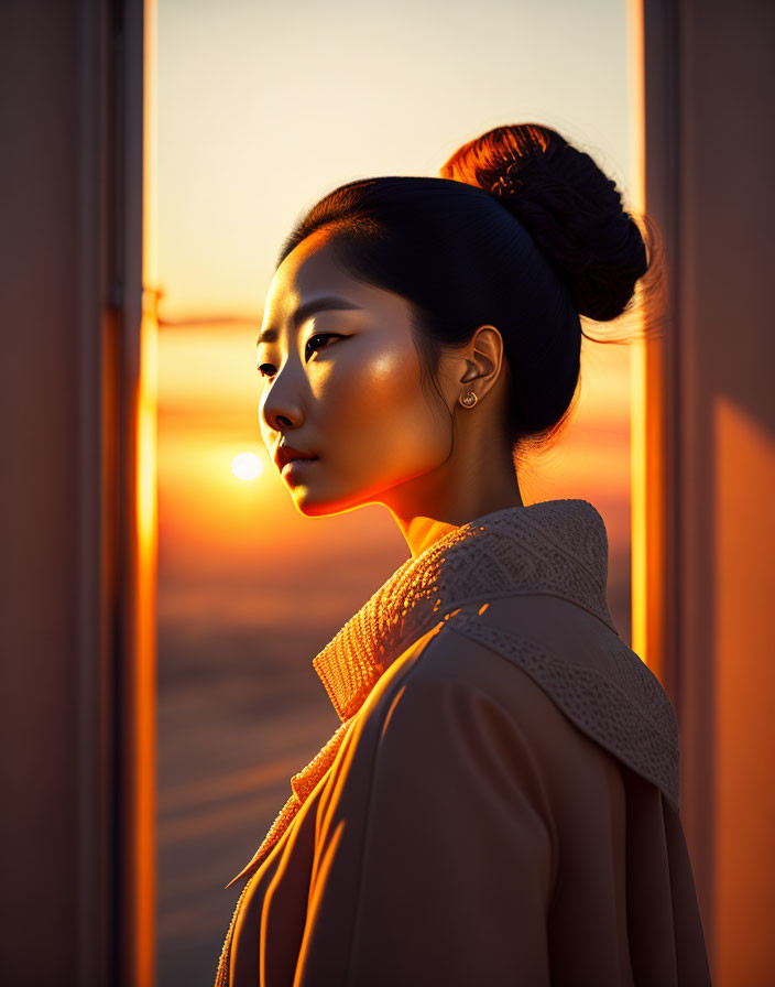 Woman in bun hairstyle, beige coat, and earrings gazes out window at sunset.