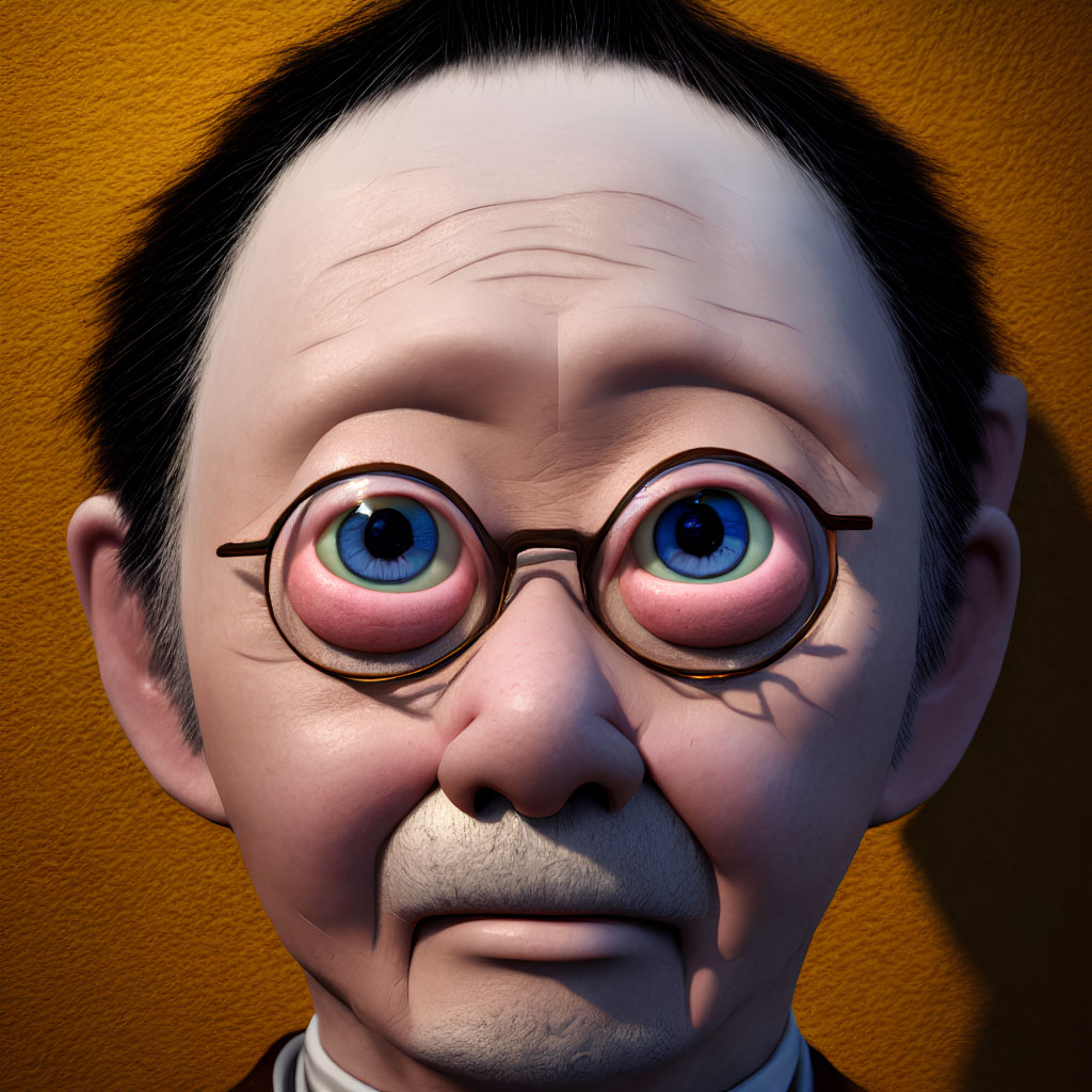 Exaggerated 3D animated character with large round eyes and pink irises