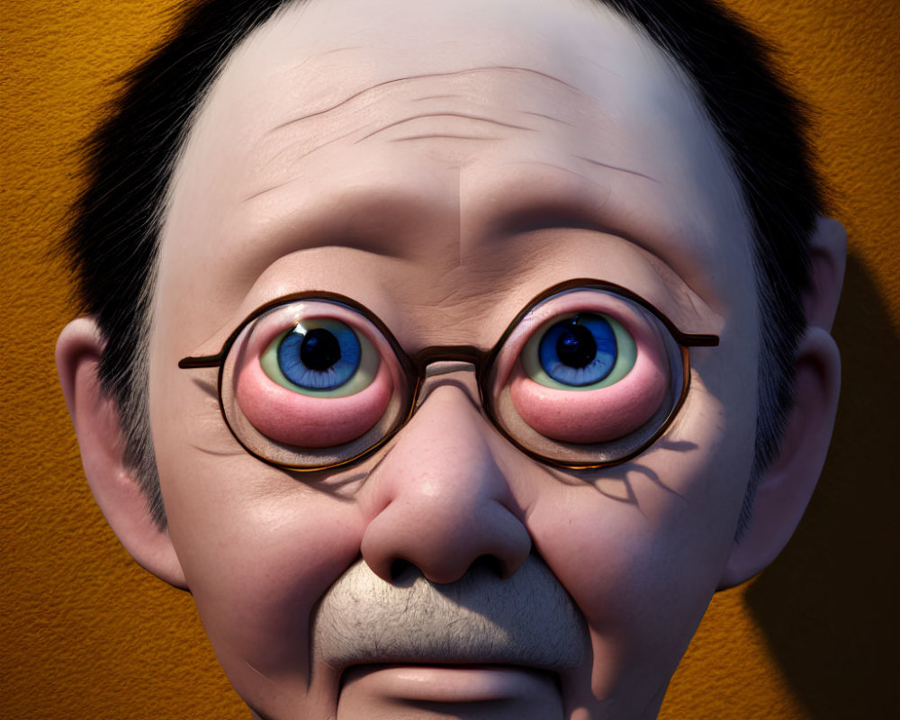 Exaggerated 3D animated character with large round eyes and pink irises