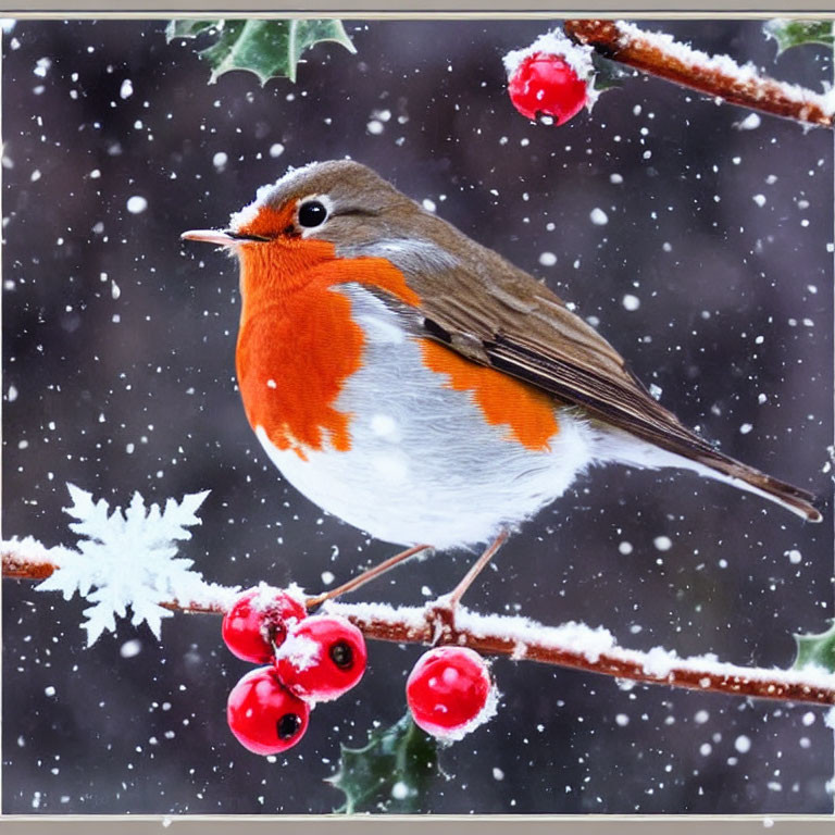 Robin perched on frosty branch with red berries and falling snowflakes