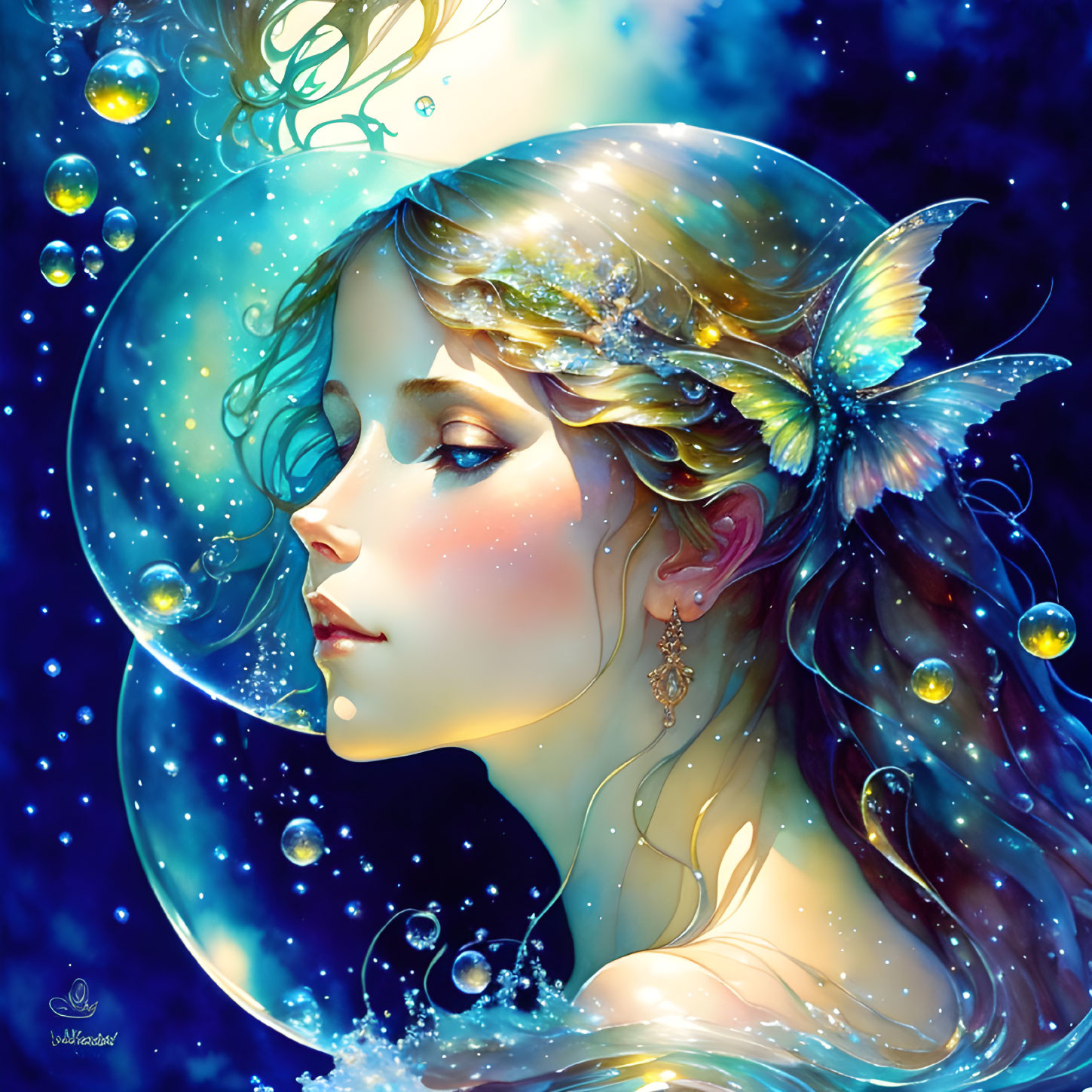 Fantasy illustration of ethereal woman with orbs, butterfly, and celestial background